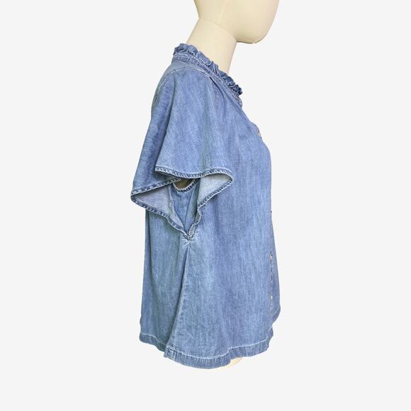 Gap Ruffle Collar Flutter Sleeve Denim Chambray Button Front Top Size Small - Picture 4 of 10